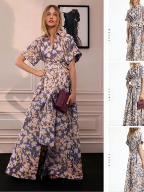 Carolina Herrera new Floral Print Short-Sleeve Wrap Maxi Dress - Lavender Mix